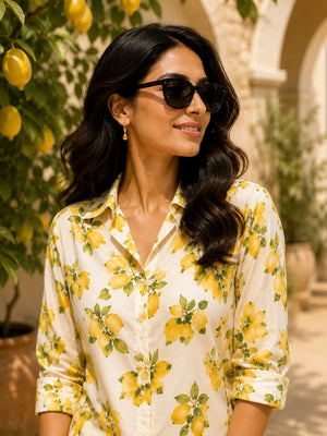 Lemon Print Premium Cotton Linen Co-Ord Set – Close-Up Fabric Detail