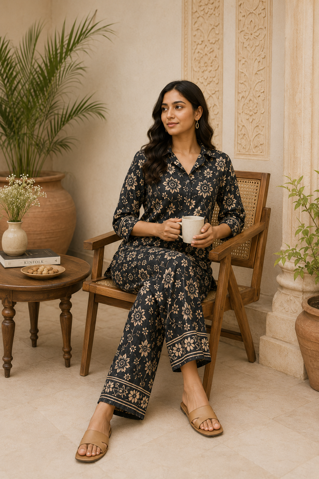 Charcoal Floral Handblock Inspired Cotton Co-Ord Set for Women