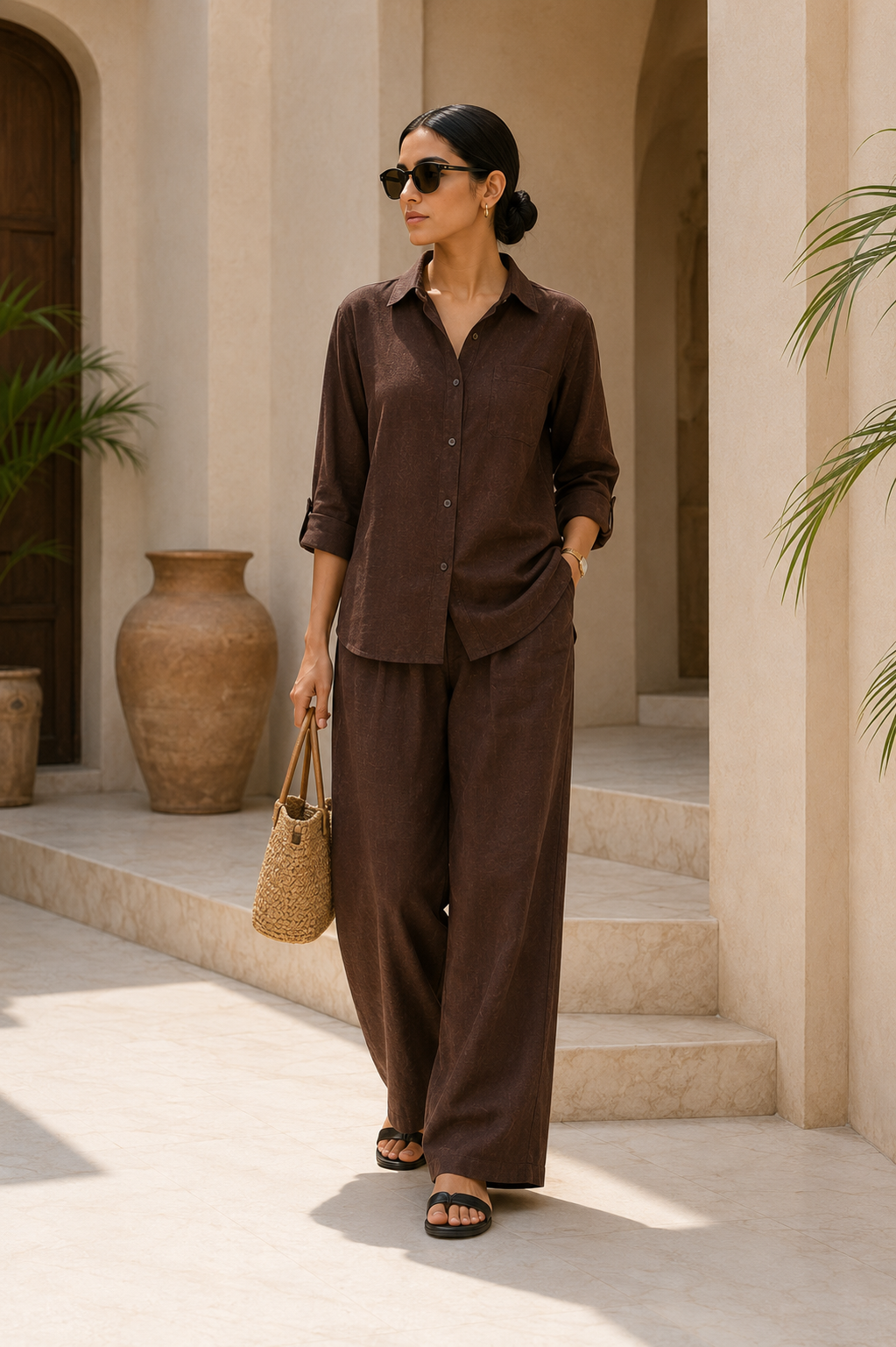 COFFEE BROWN Premium Linen Blend Relaxed Co-Ord Set