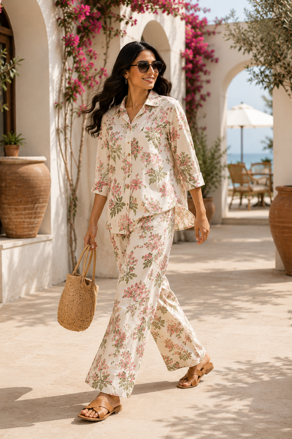 Mediterranean Bloom Floral Cotton Linen Co-Ord Set