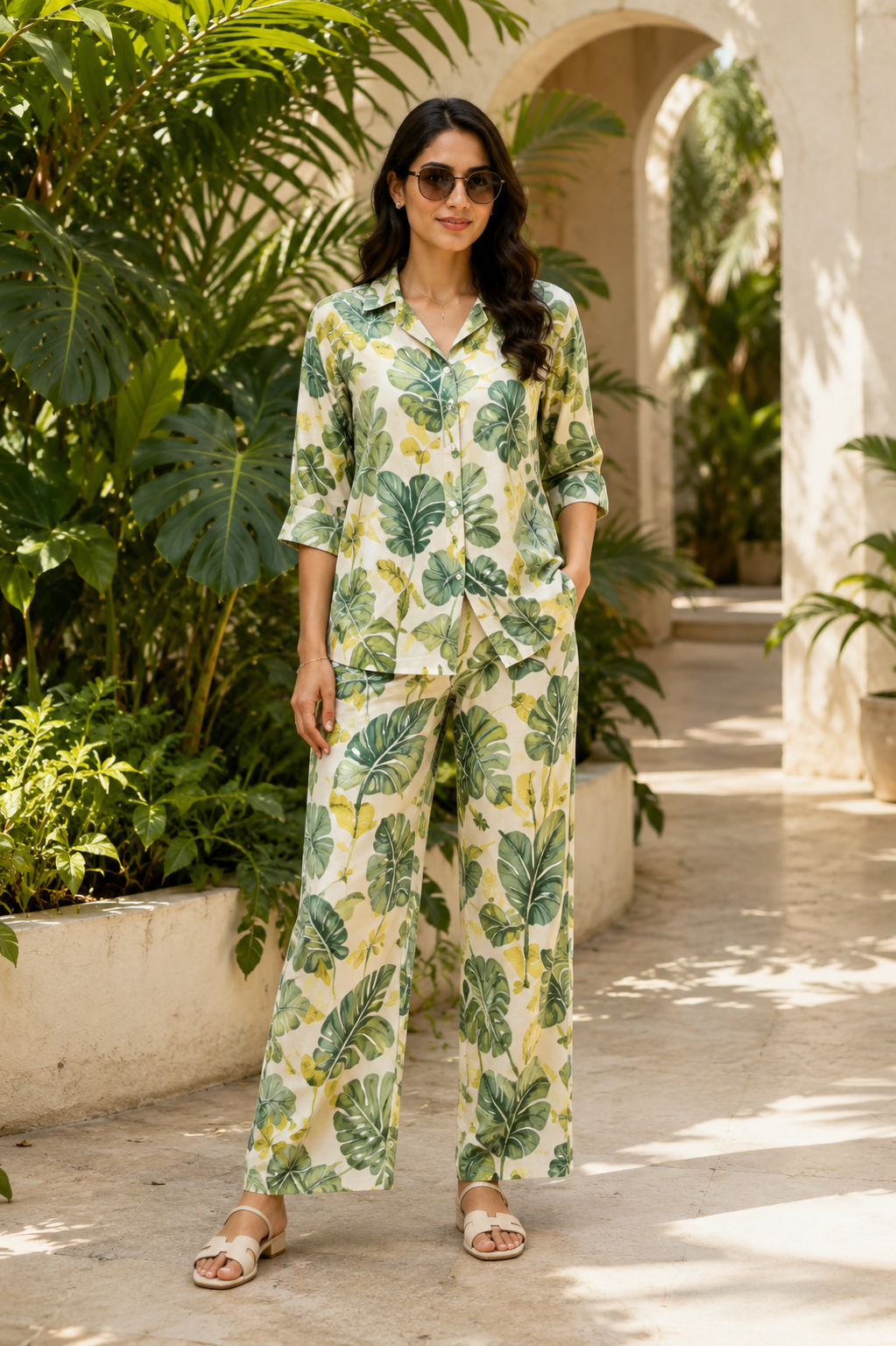 BOTANICAL ESCAPE Green Tropical Printed Co-Ord Set for Women
