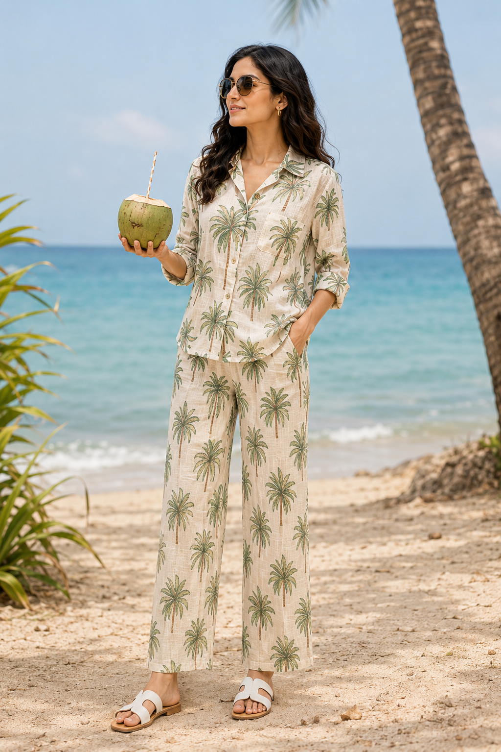 Palm Paradise Tropical Print Cotton Linen Co-Ord Set