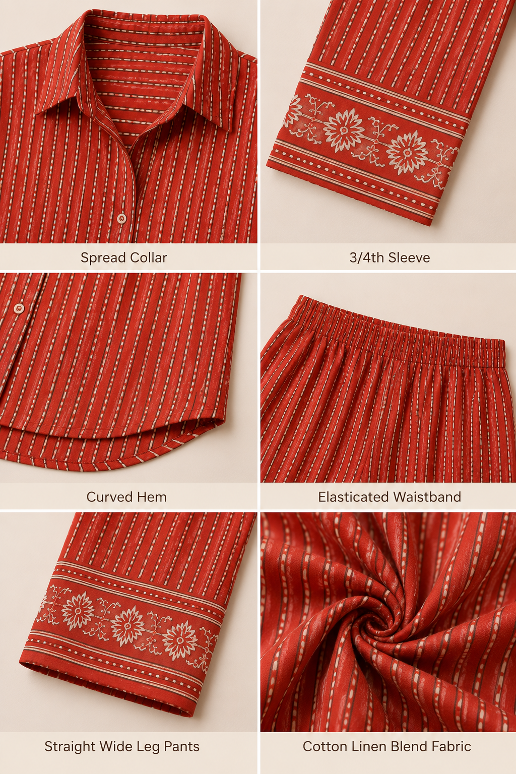 Terracotta Stripe Women's Cotton Flex Handblock Inspired Co-Ord Set