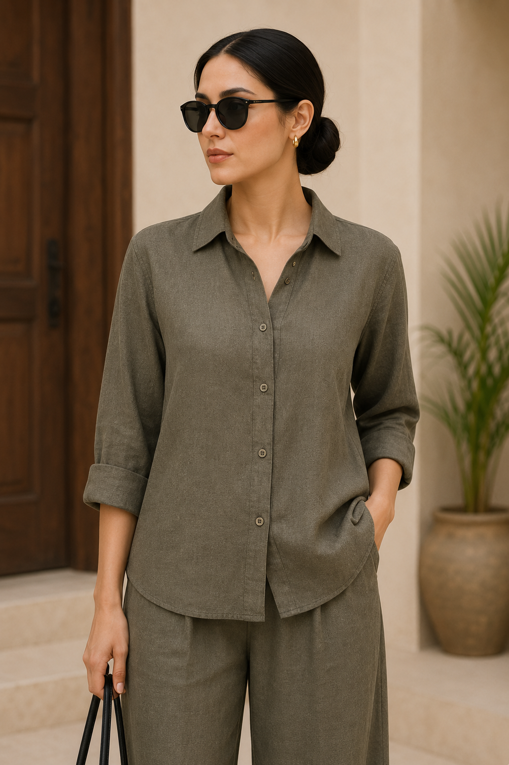 OLIVE KHAKI Premium Linen Blend Co-Ord Set for Women