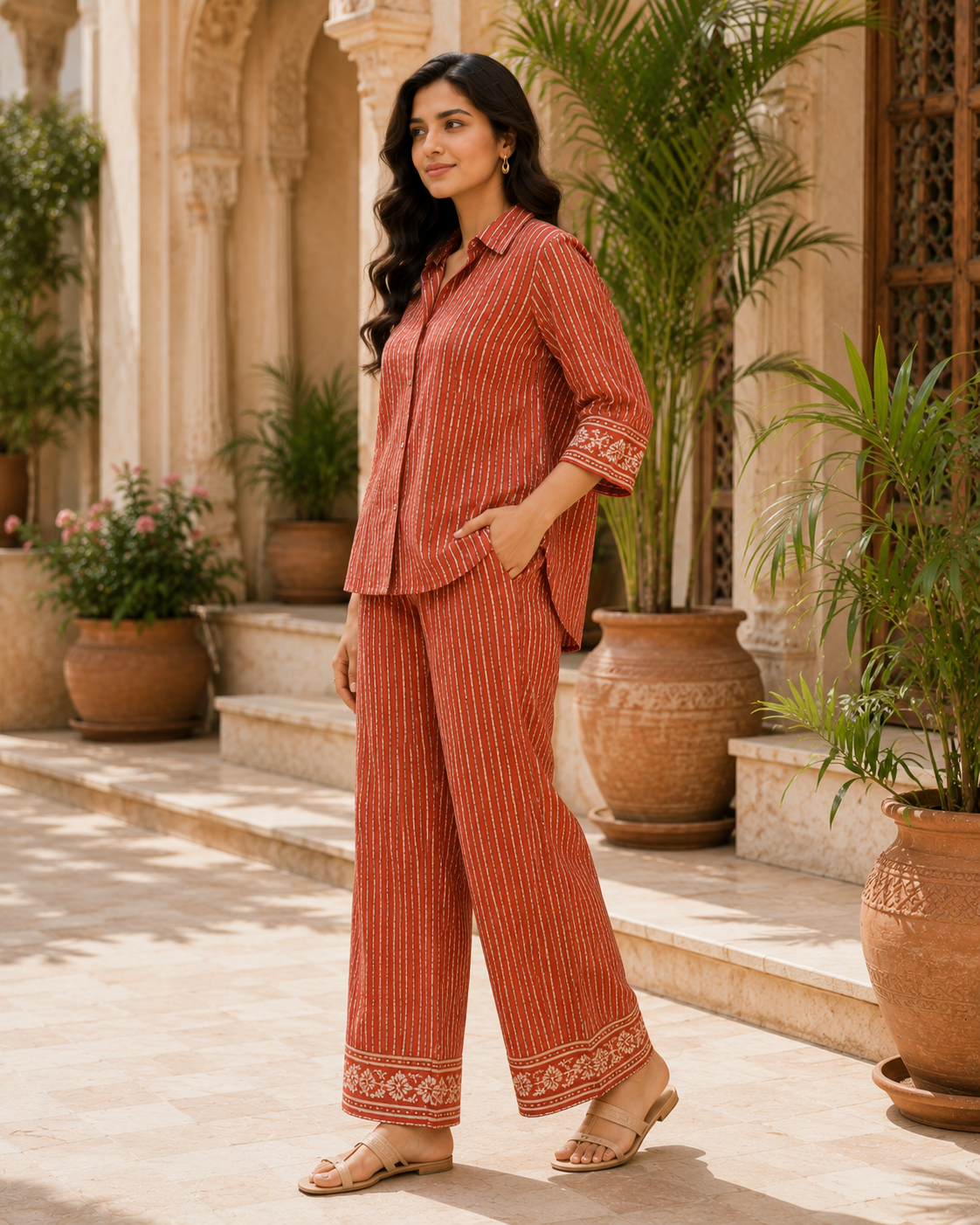 Terracotta Stripe Women's Cotton Flex Handblock Inspired Co-Ord Set