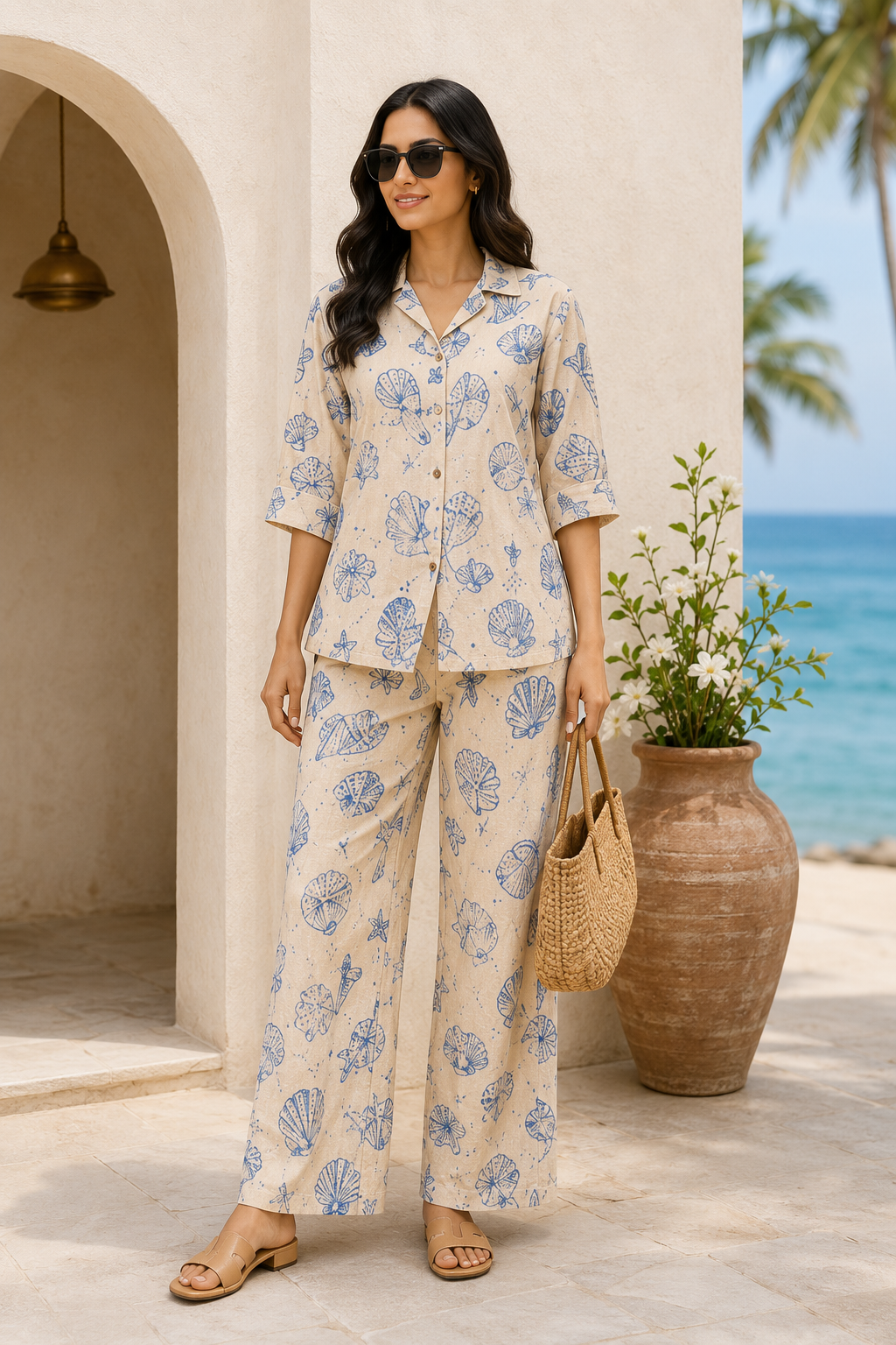 Shell Stories Coastal Print Cotton Linen Co-Ord Set