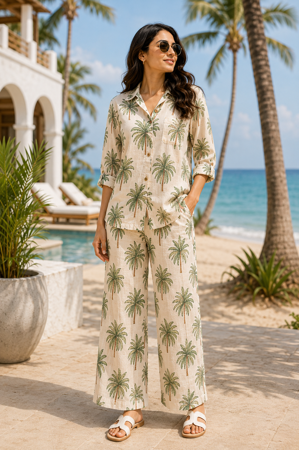Palm Paradise Tropical Print Cotton Linen Co-Ord Set