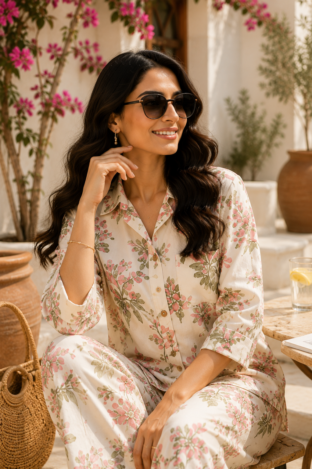 Mediterranean Bloom Floral Cotton Linen Co-Ord Set