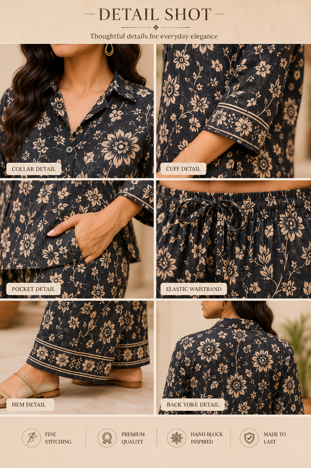 Charcoal Floral Handblock Inspired Cotton Co-Ord Set for Women