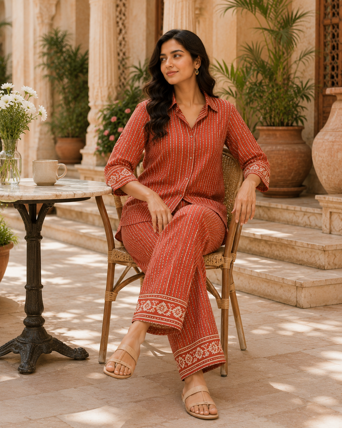 Terracotta Stripe Women's Cotton Flex Handblock Inspired Co-Ord Set