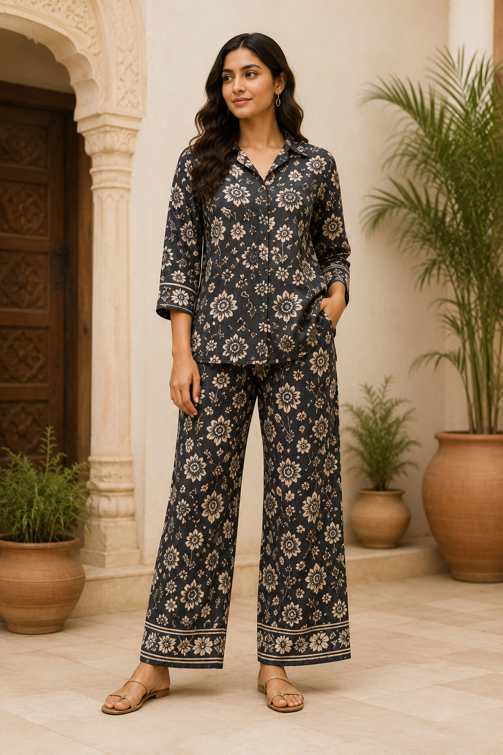 Charcoal Floral Handblock Inspired Cotton Co-Ord Set for Women