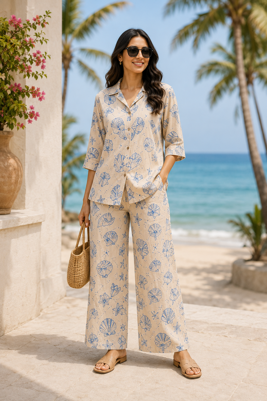 Shell Stories Coastal Print Cotton Linen Co-Ord Set