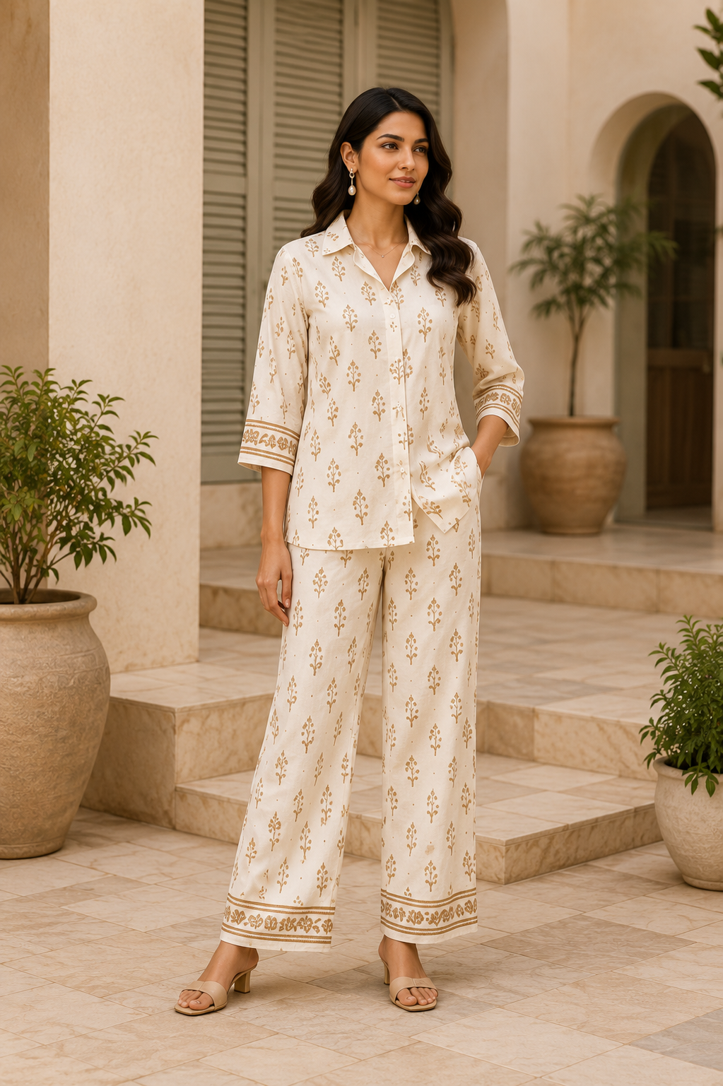 Ivory Booti Cotton Co-Ord Set for Women