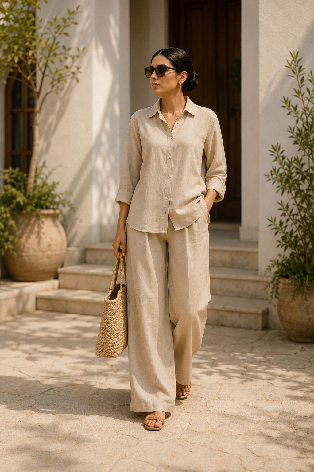 Stone Beige Linen Blend Co-Ord Set for Women