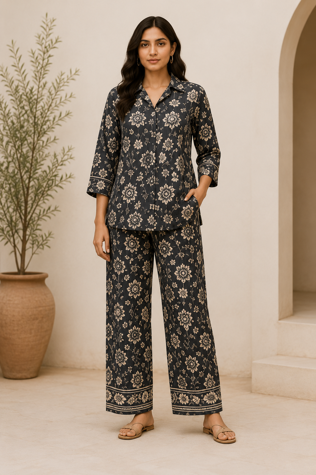 Charcoal Floral Handblock Inspired Cotton Co-Ord Set for Women