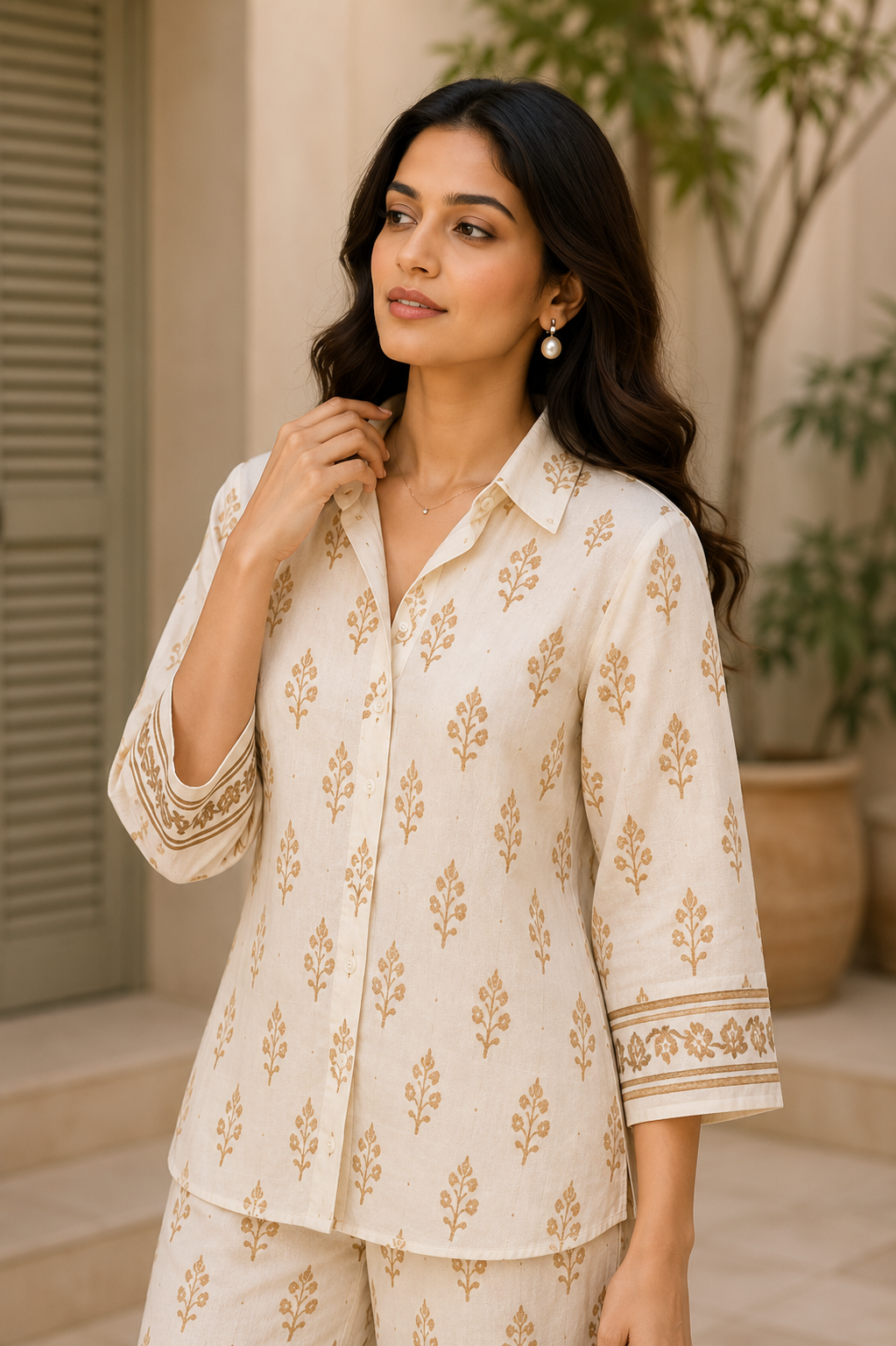 Ivory Booti Cotton Co-Ord Set for Women