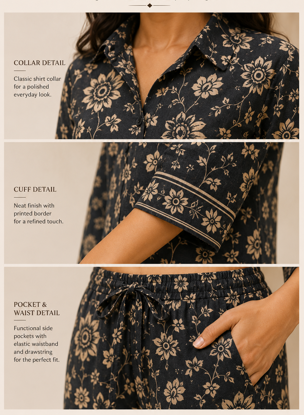 Charcoal Floral Handblock Inspired Cotton Co-Ord Set for Women
