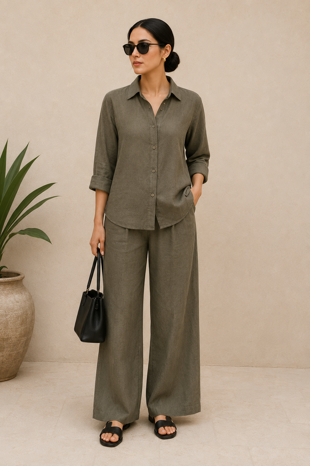 OLIVE KHAKI Premium Linen Blend Co-Ord Set for Women