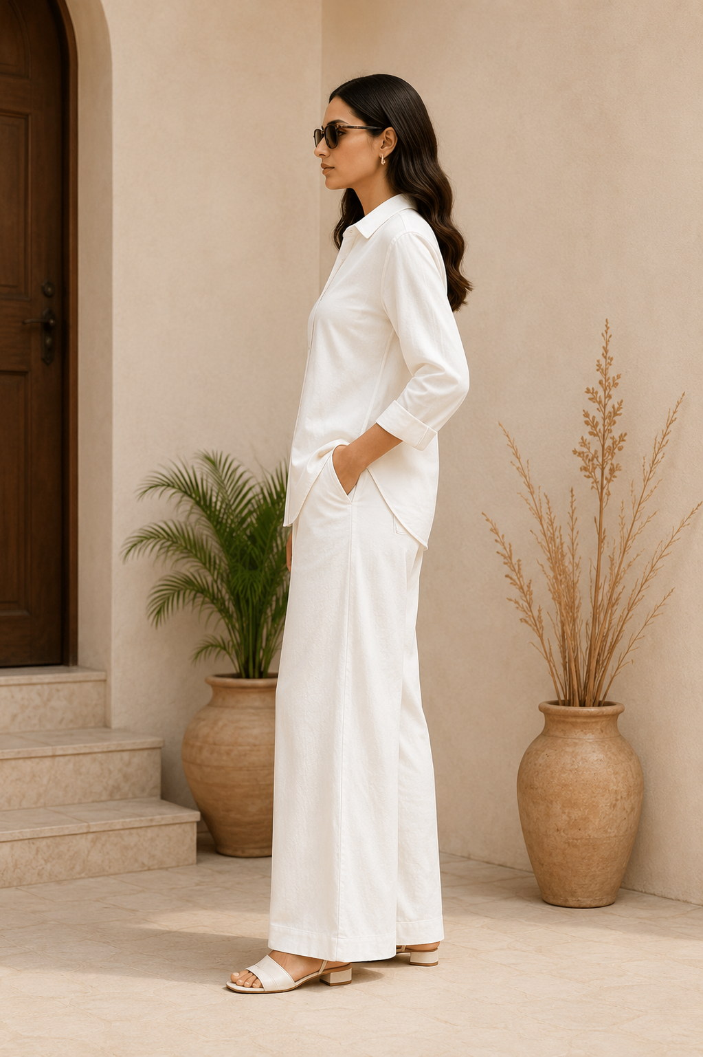IVORY WHITE Premium Linen Blend Co-Ord Set with Relaxed Wide-Leg Pants