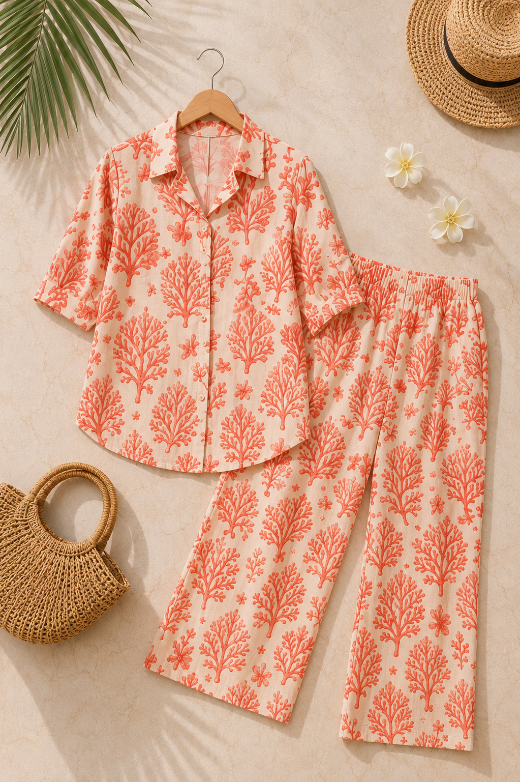 Coral Reef Resort Print Cotton Linen Co-Ord Set