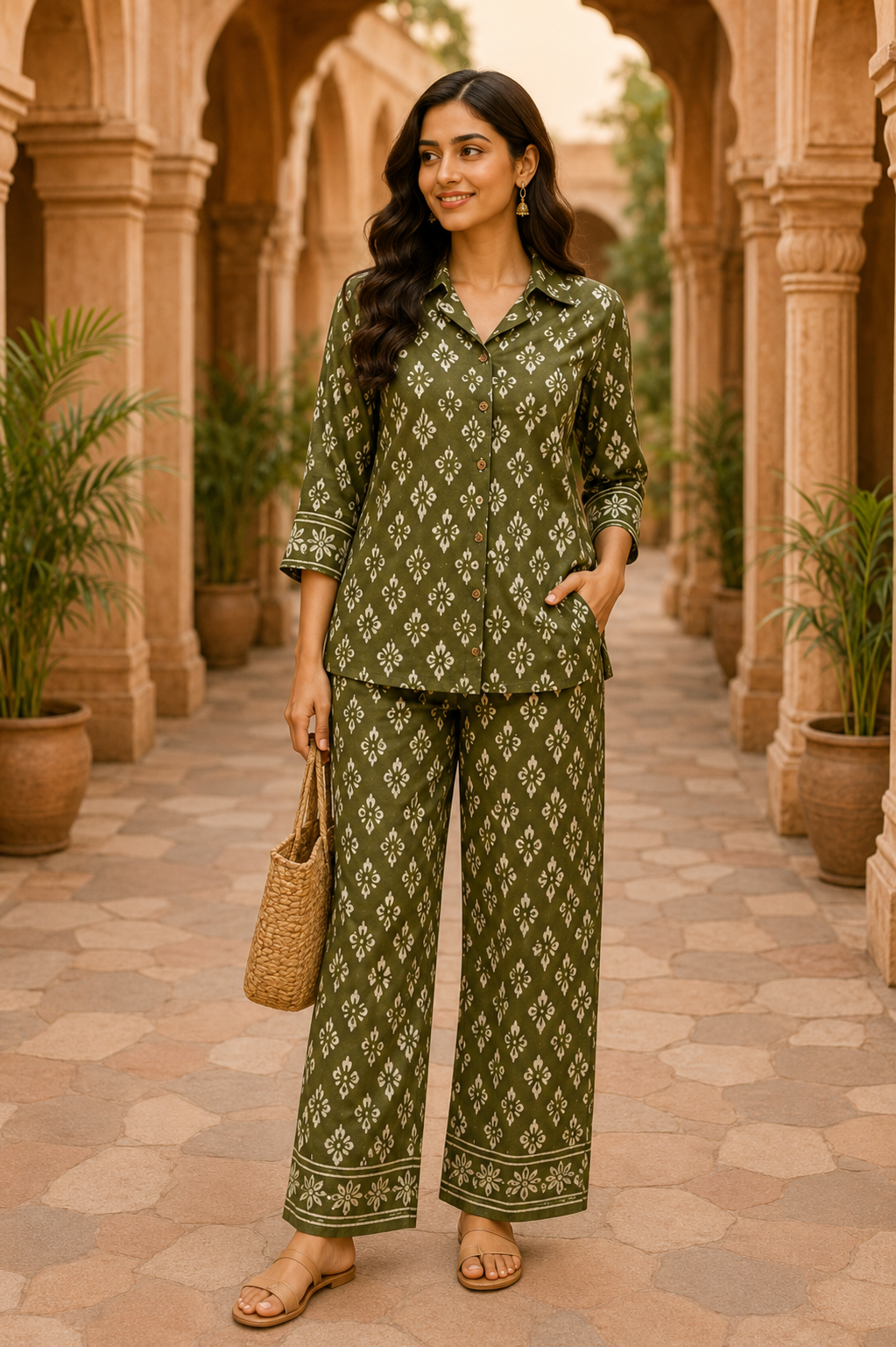 Olive Dabu Cotton Co-Ord Set for Women
