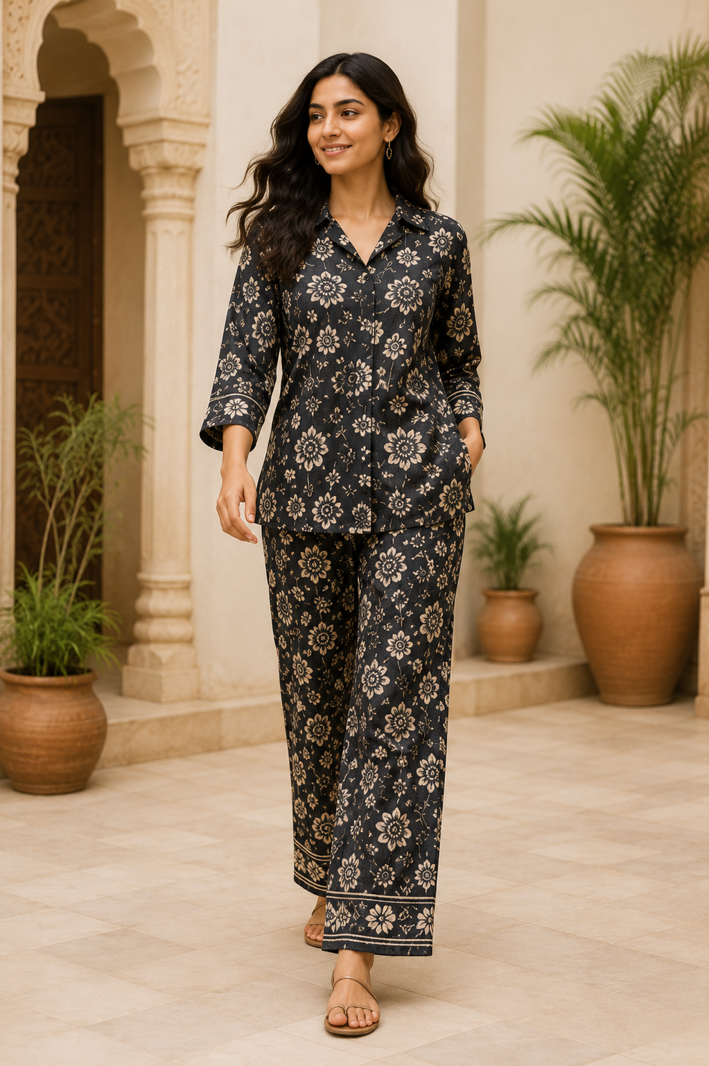 Charcoal Floral Handblock Inspired Cotton Co-Ord Set for Women