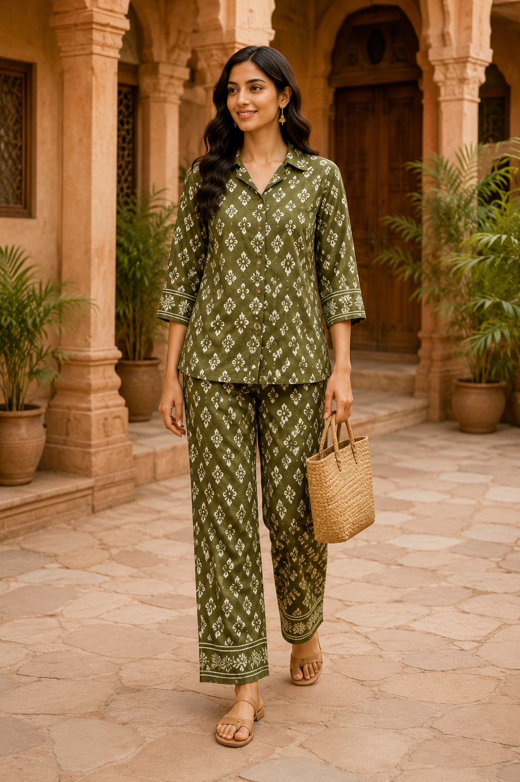 Olive Dabu Cotton Co-Ord Set for Women