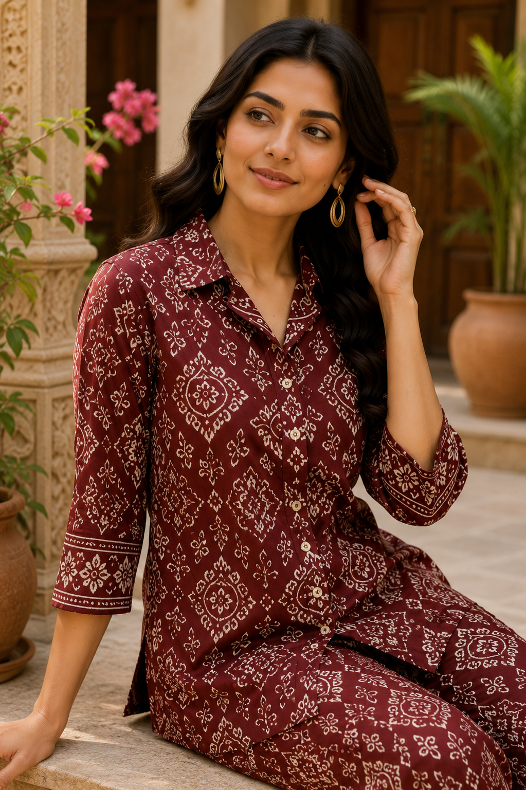 MAROON AJRAKH INSPIRED Cotton Co-Ord Set for Women