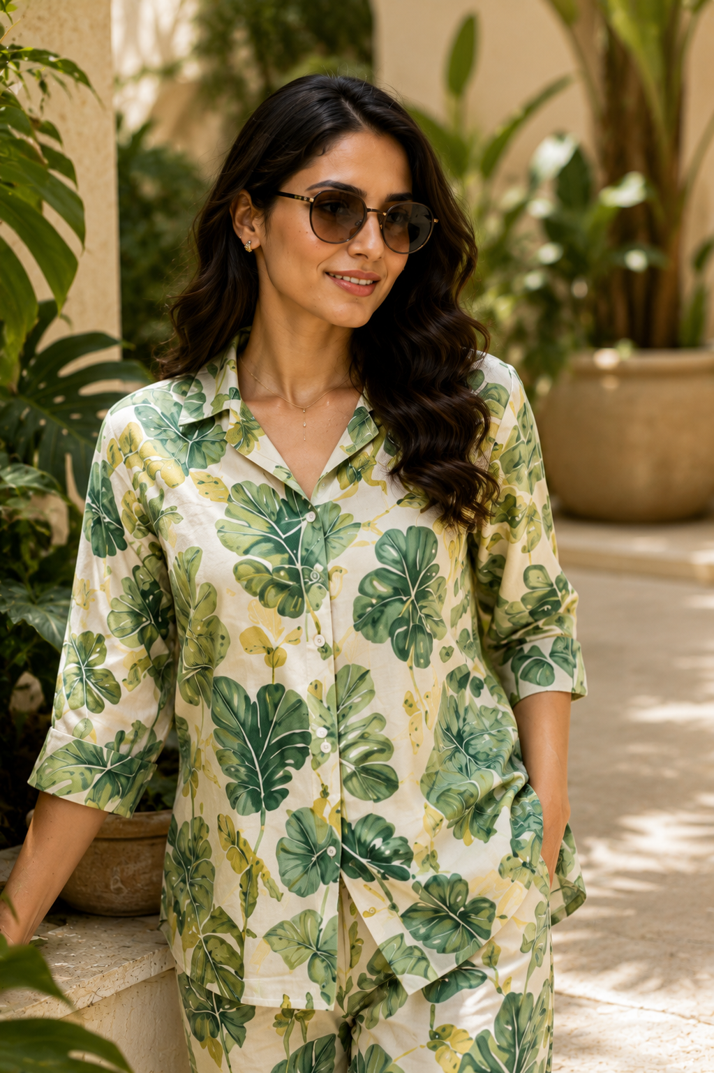 BOTANICAL ESCAPE Green Tropical Printed Co-Ord Set for Women