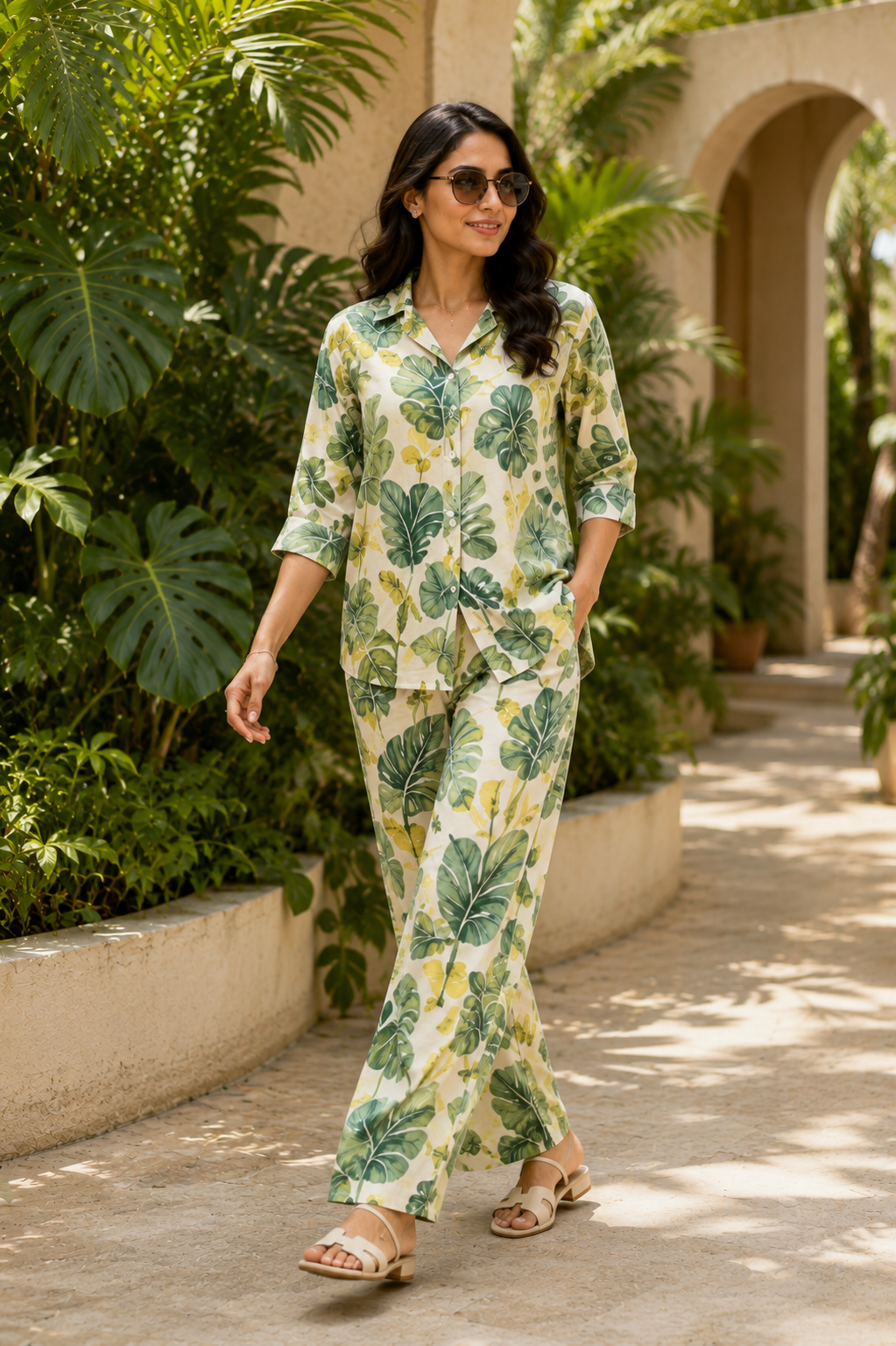 BOTANICAL ESCAPE Green Tropical Printed Co-Ord Set for Women