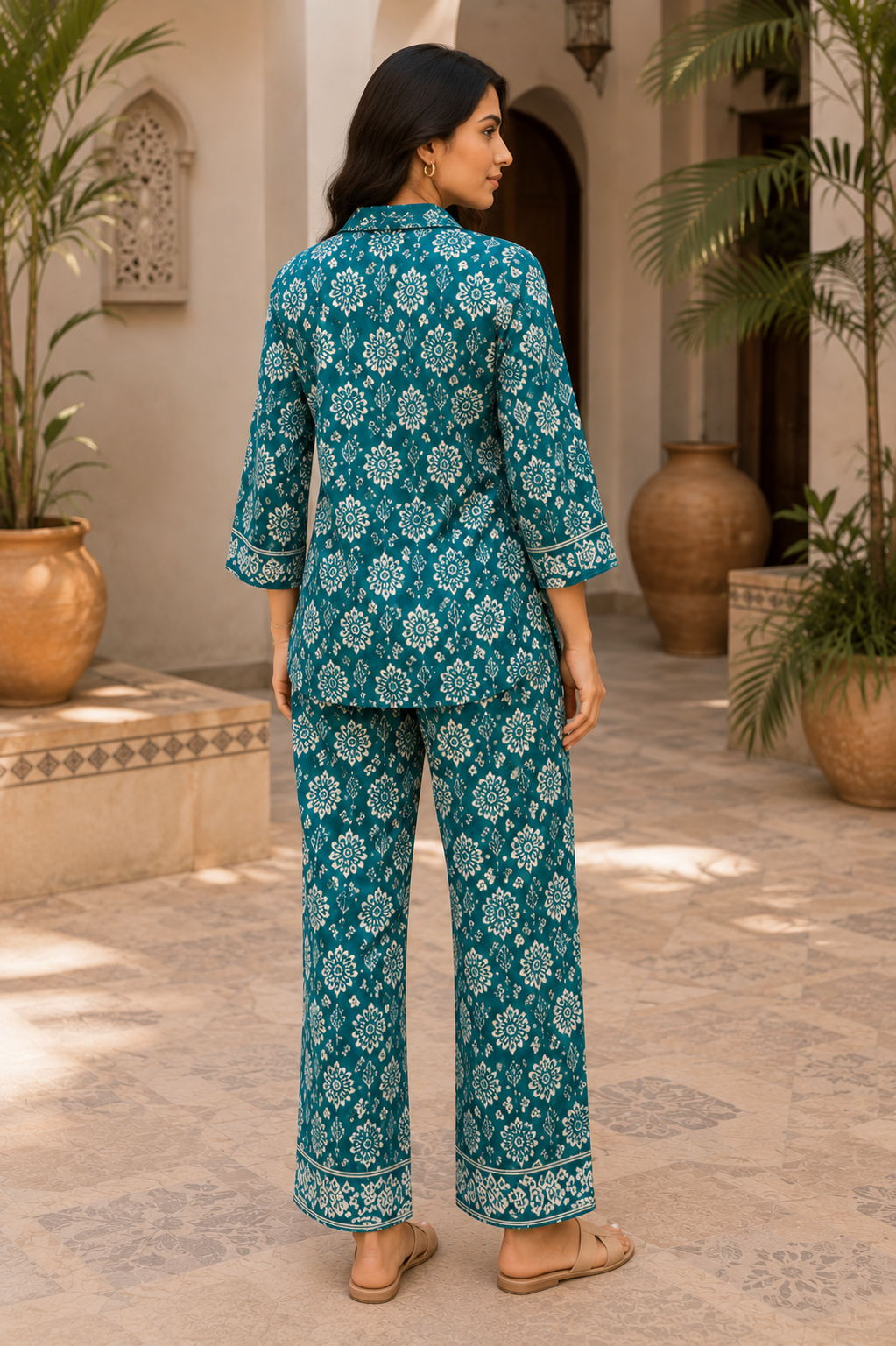 Teal Leaf Cotton Co-Ord Set for Women
