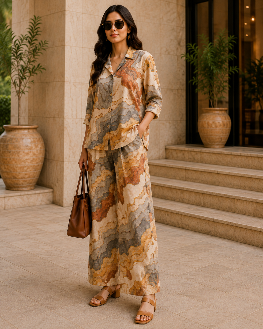 Earth Marble Print Cotton Linen Co-Ord Set for Women