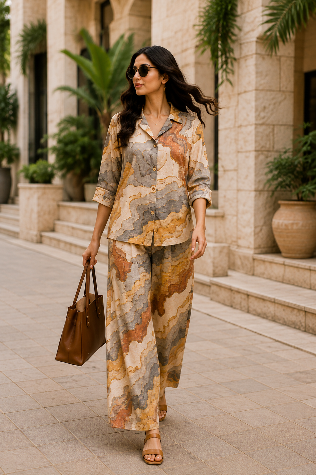 Earth Marble Print Cotton Linen Co-Ord Set for Women