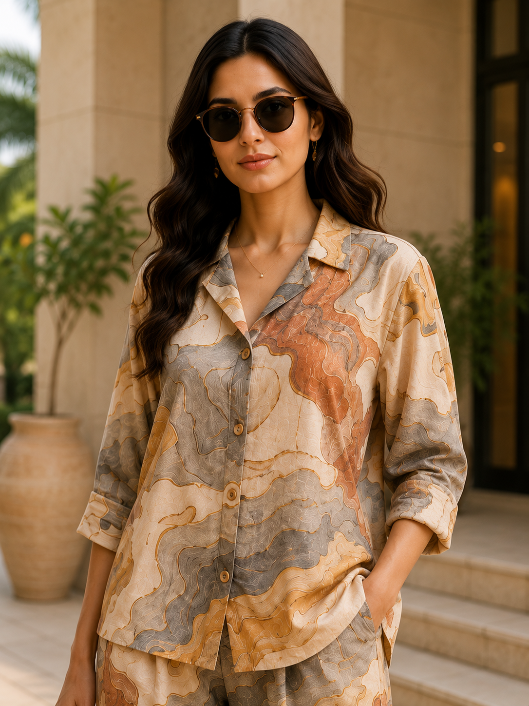 Earth Marble Print Cotton Linen Co-Ord Set for Women