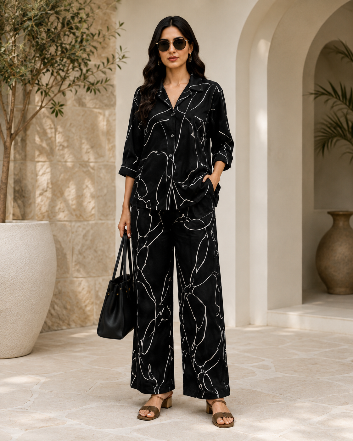Midnight Abstract Print Cotton Linen Co-Ord Set for Women