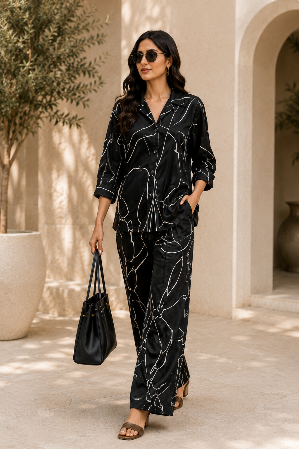 Midnight Abstract Print Cotton Linen Co-Ord Set for Women