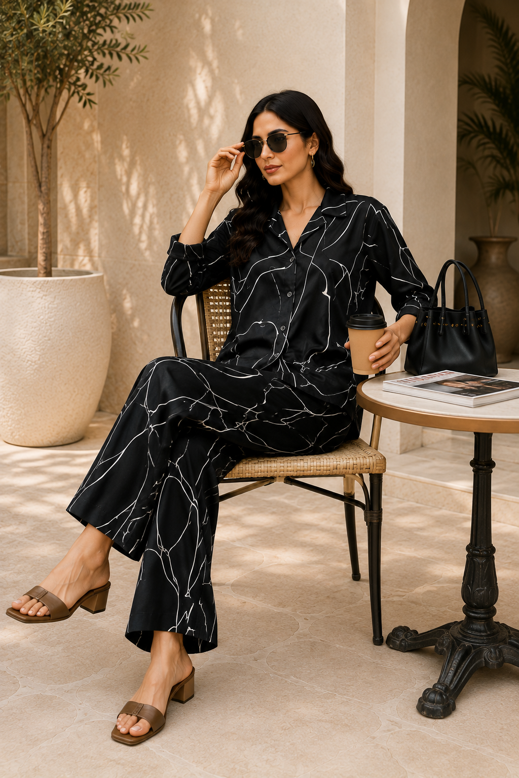 Midnight Abstract Print Cotton Linen Co-Ord Set for Women