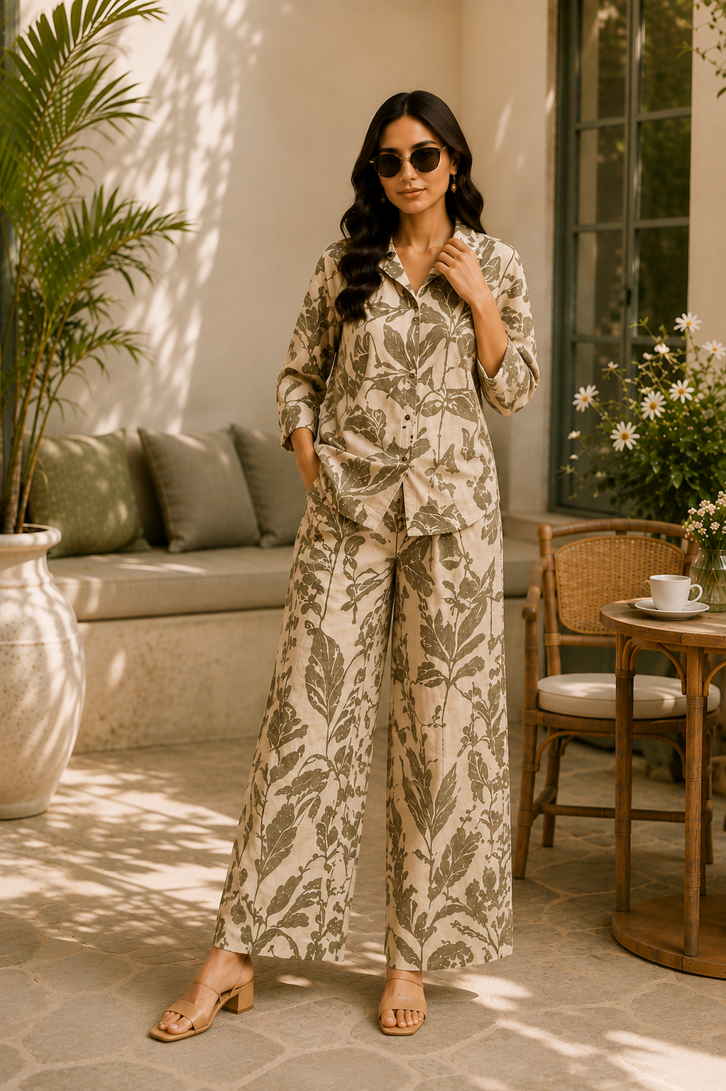 Vintage Leaf Print Co-Ord Set for Women