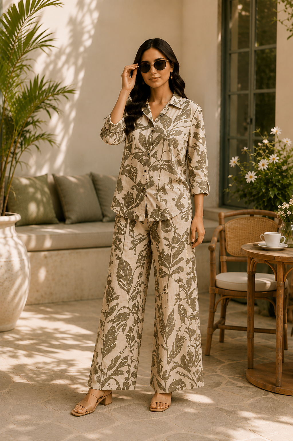Vintage Leaf Print Co-Ord Set for Women