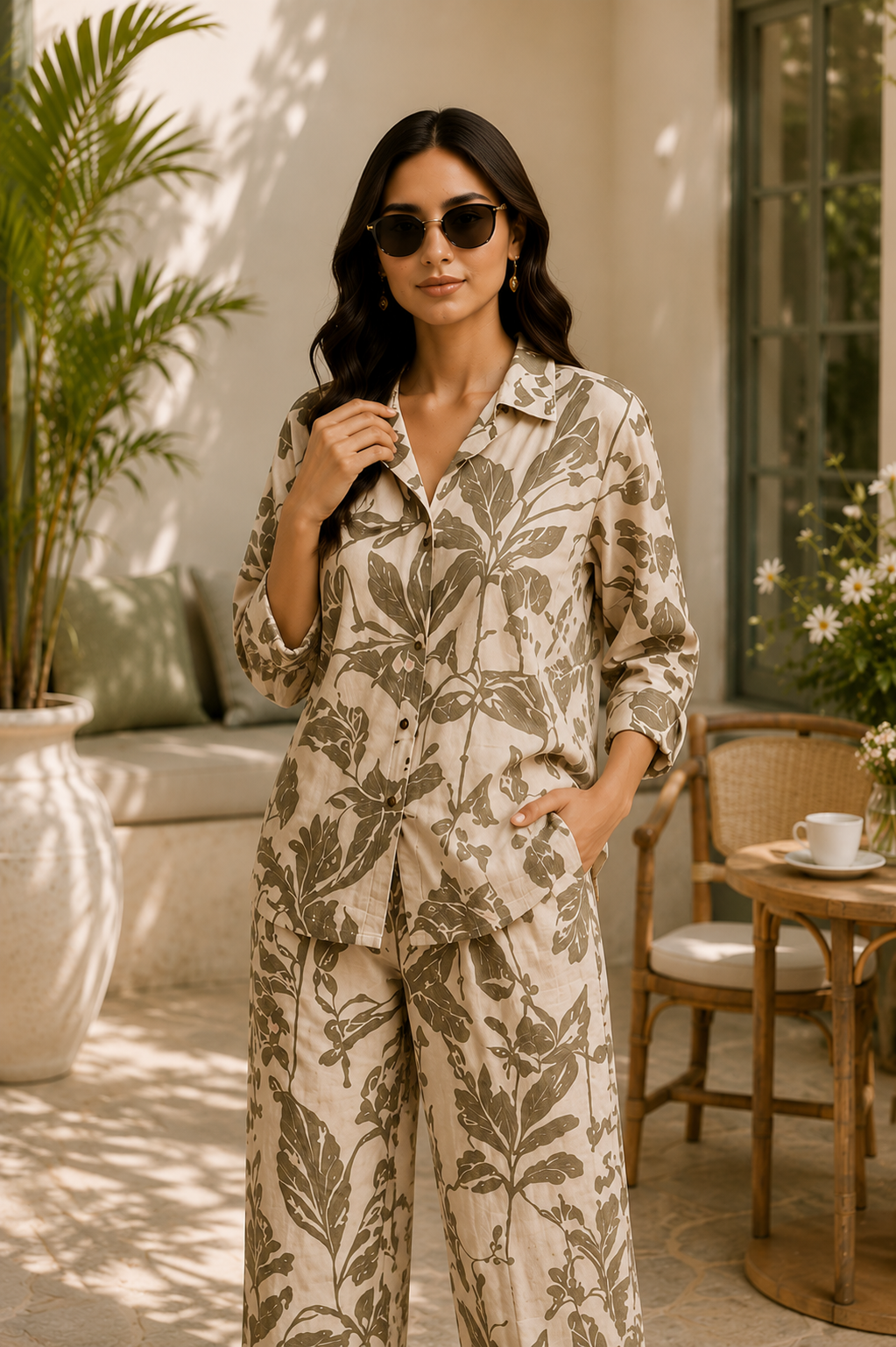 Vintage Leaf Print Co-Ord Set for Women