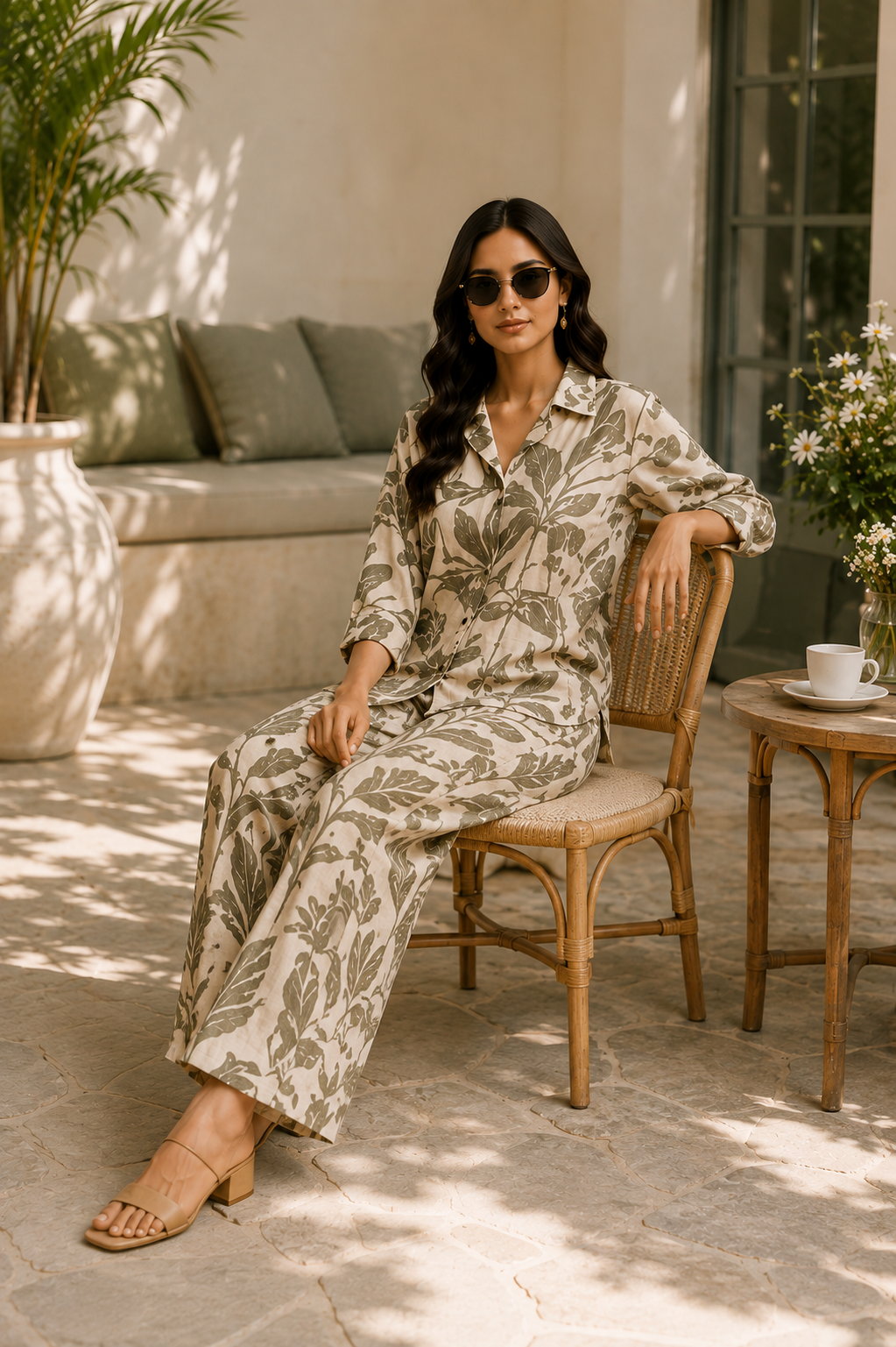 Vintage Leaf Print Co-Ord Set for Women