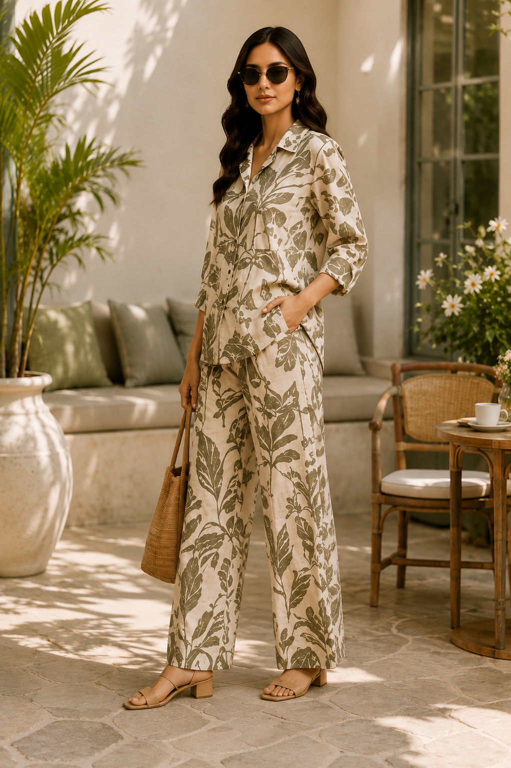 Vintage Leaf Print Co-Ord Set for Women