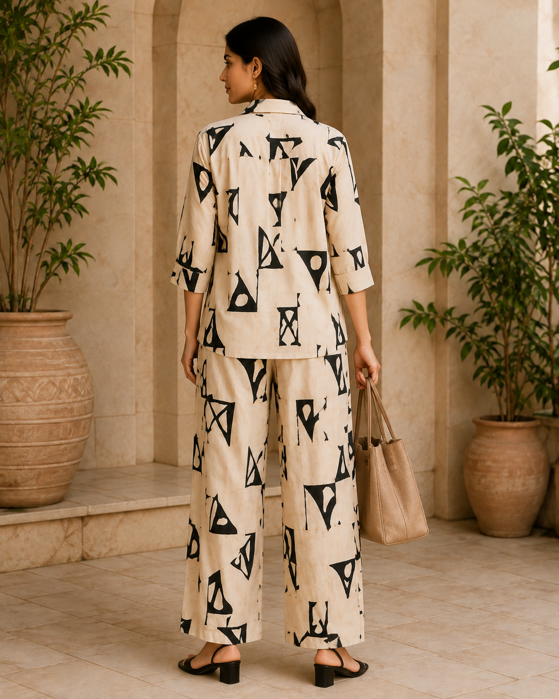 Ivory Geo Abstract Cotton Linen Co-Ord Set for Women |
