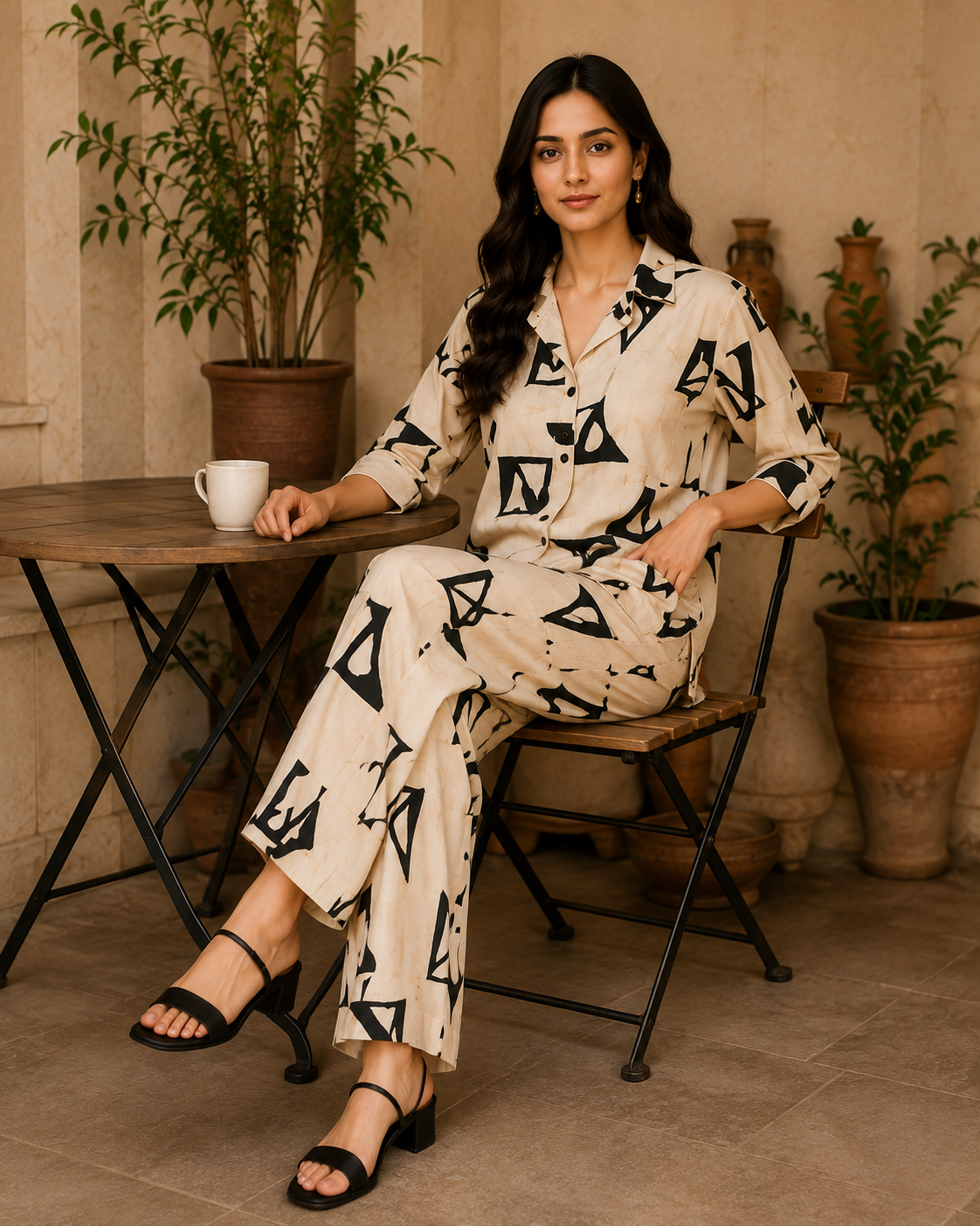 Ivory Geo Abstract Cotton Linen Co-Ord Set for Women |