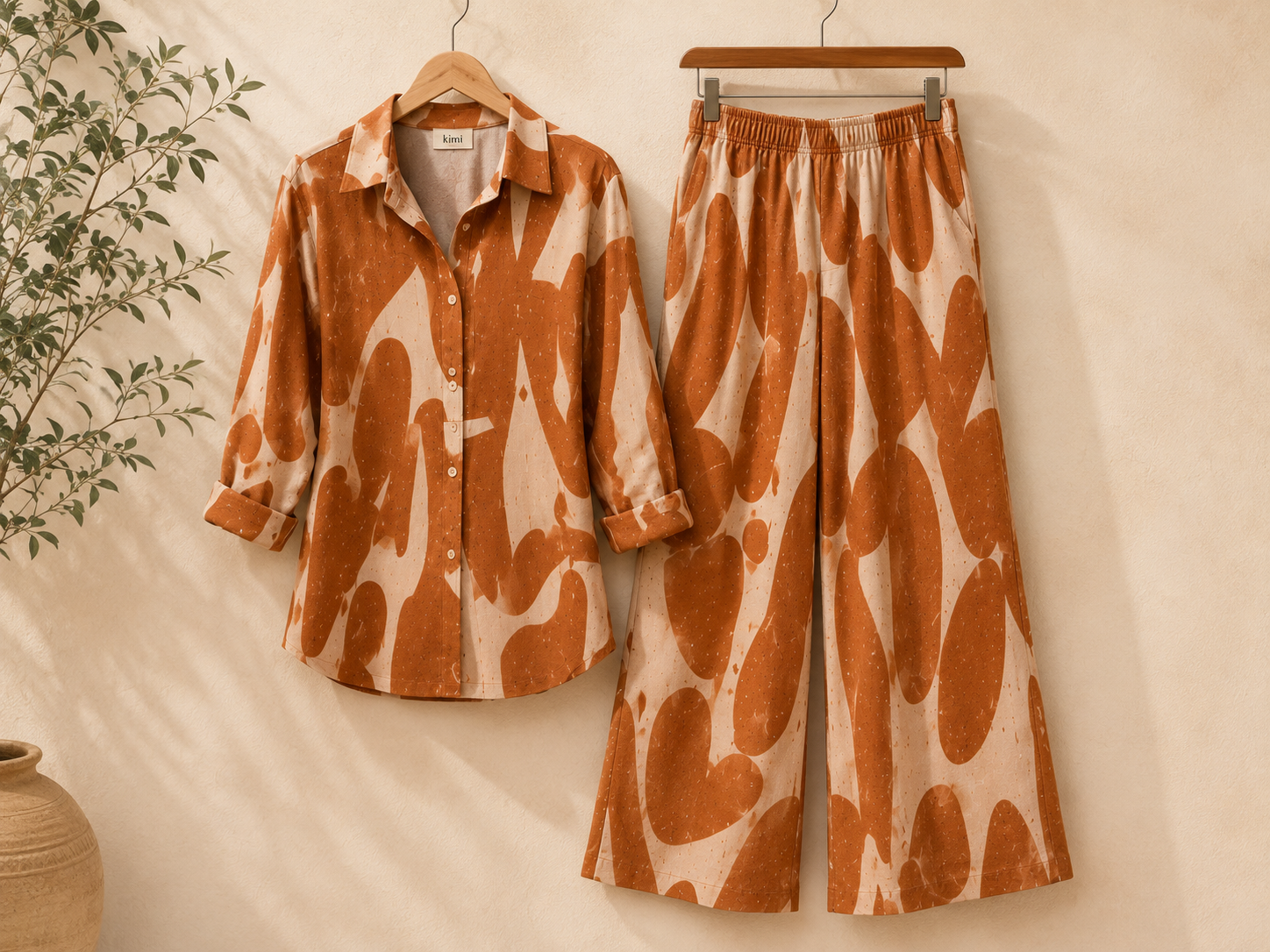 Terracotta Abstract Cotton Linen Co-Ord Set for Women | Relaxed Fit
