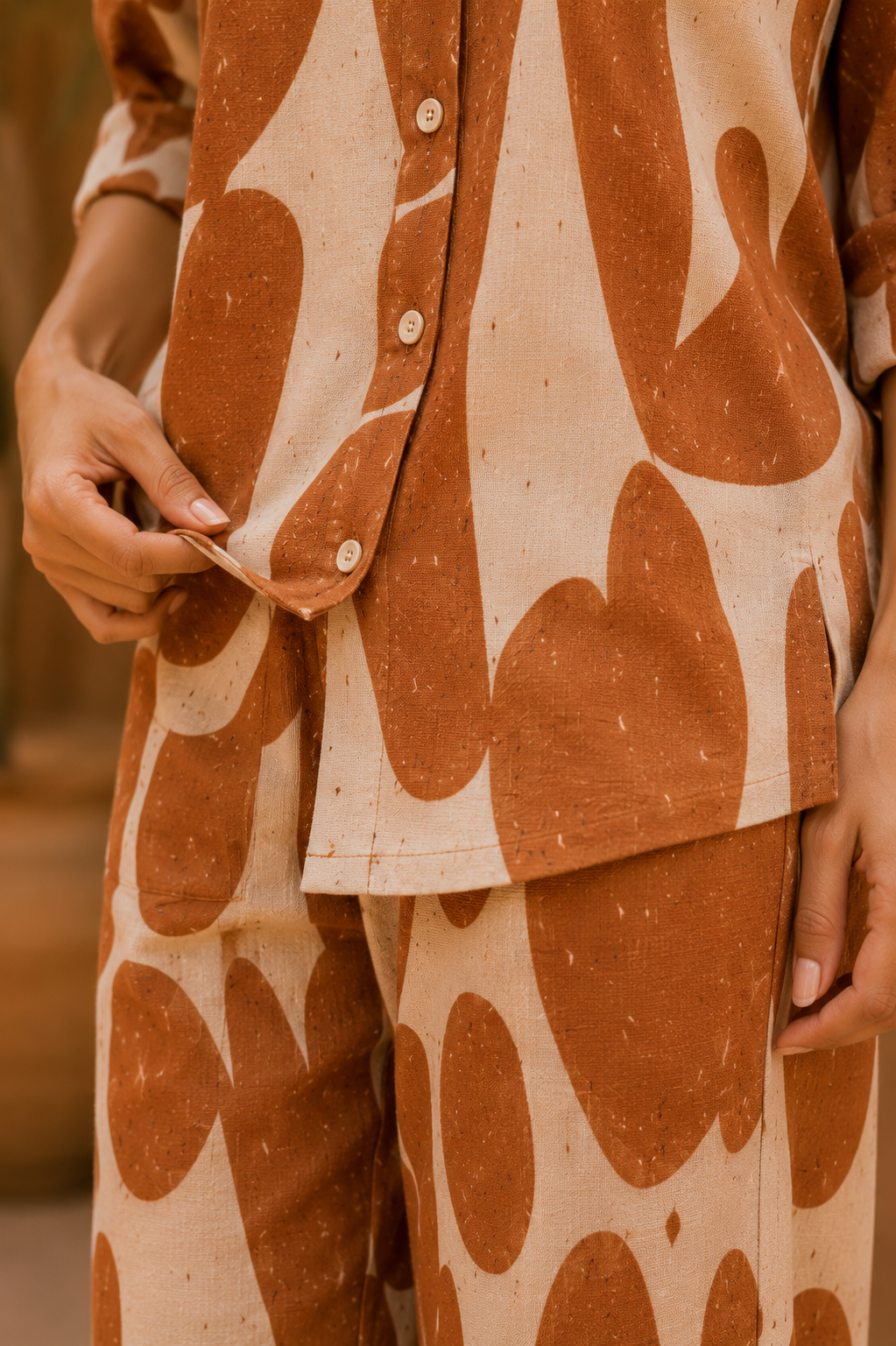 Terracotta Abstract Cotton Linen Co-Ord Set for Women | Relaxed Fit