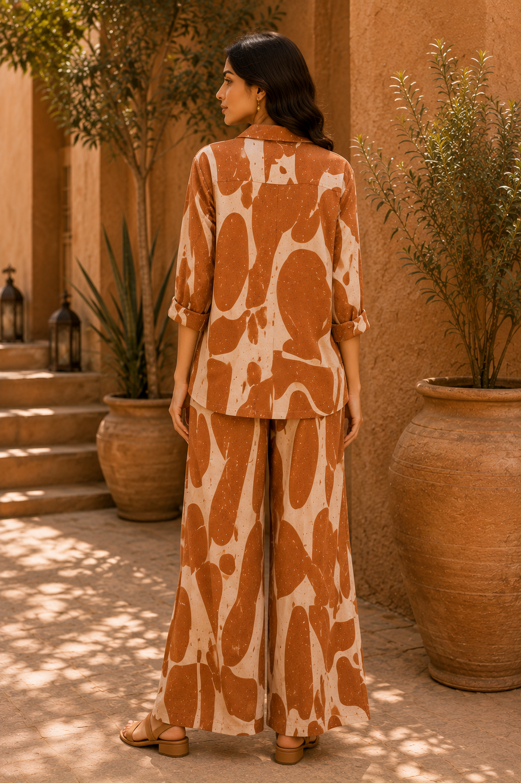 Terracotta Abstract Cotton Linen Co-Ord Set for Women | Relaxed Fit
