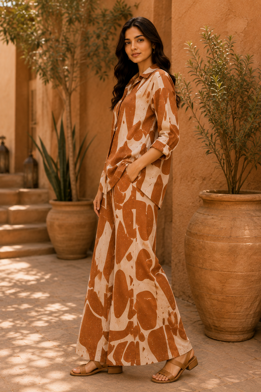Terracotta Abstract Cotton Linen Co-Ord Set for Women | Relaxed Fit