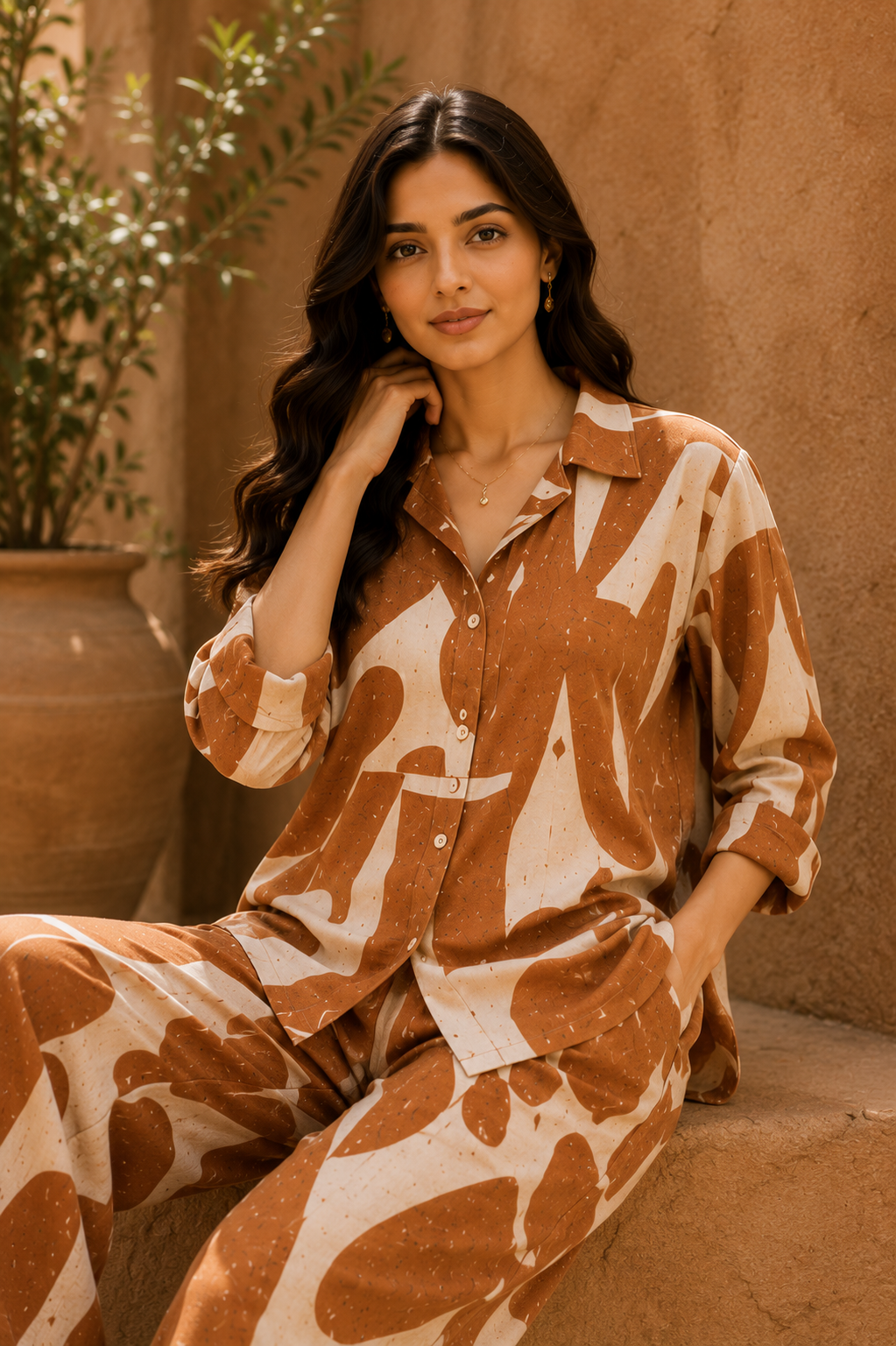 Terracotta Abstract Cotton Linen Co-Ord Set for Women | Relaxed Fit