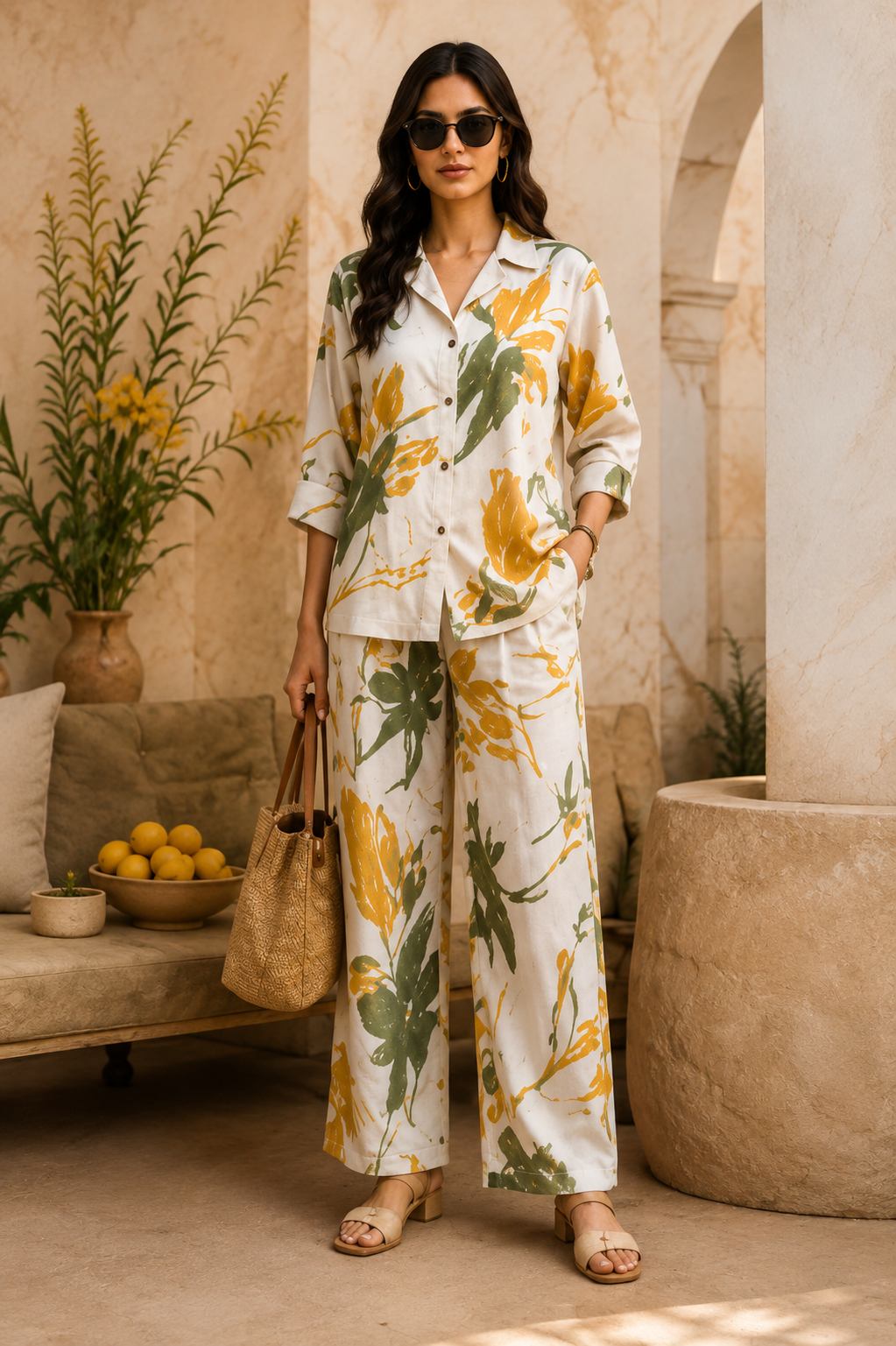 Sunflower Meadow Cotton Linen Co-Ord Set for Women